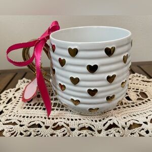 Gold Heart White Mug with Pink Ribbon NWT
